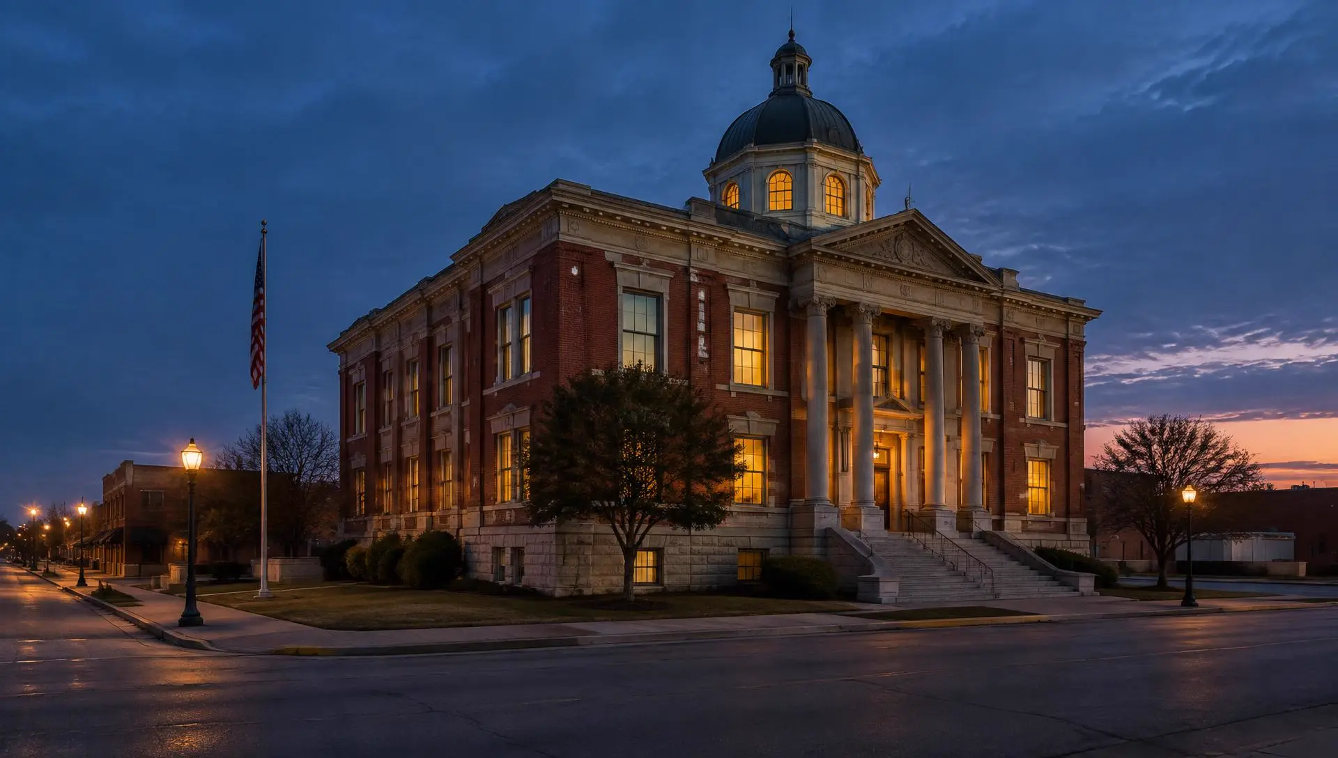 A red brick courthouse with a dome, lit up at dusk