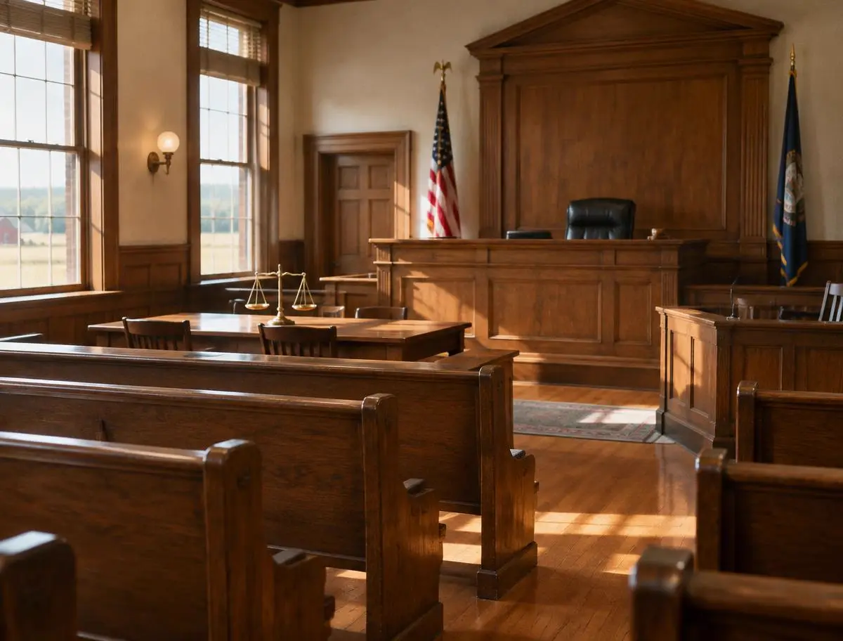 An empty wood-paneled courtroom with brass scales on a table