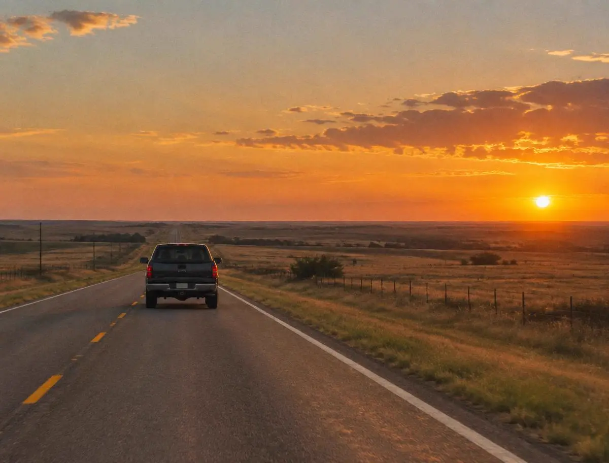 A pickup truck driving down an empty two-lane highway at sunset