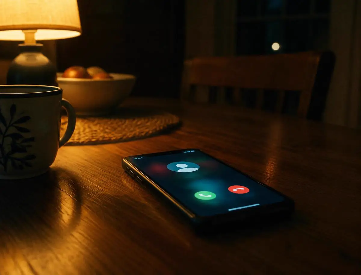 A phone glowing with an incoming call on a kitchen table at night