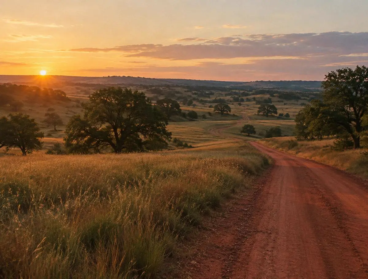 A red dirt road through prairie grass and oak trees at sunrise