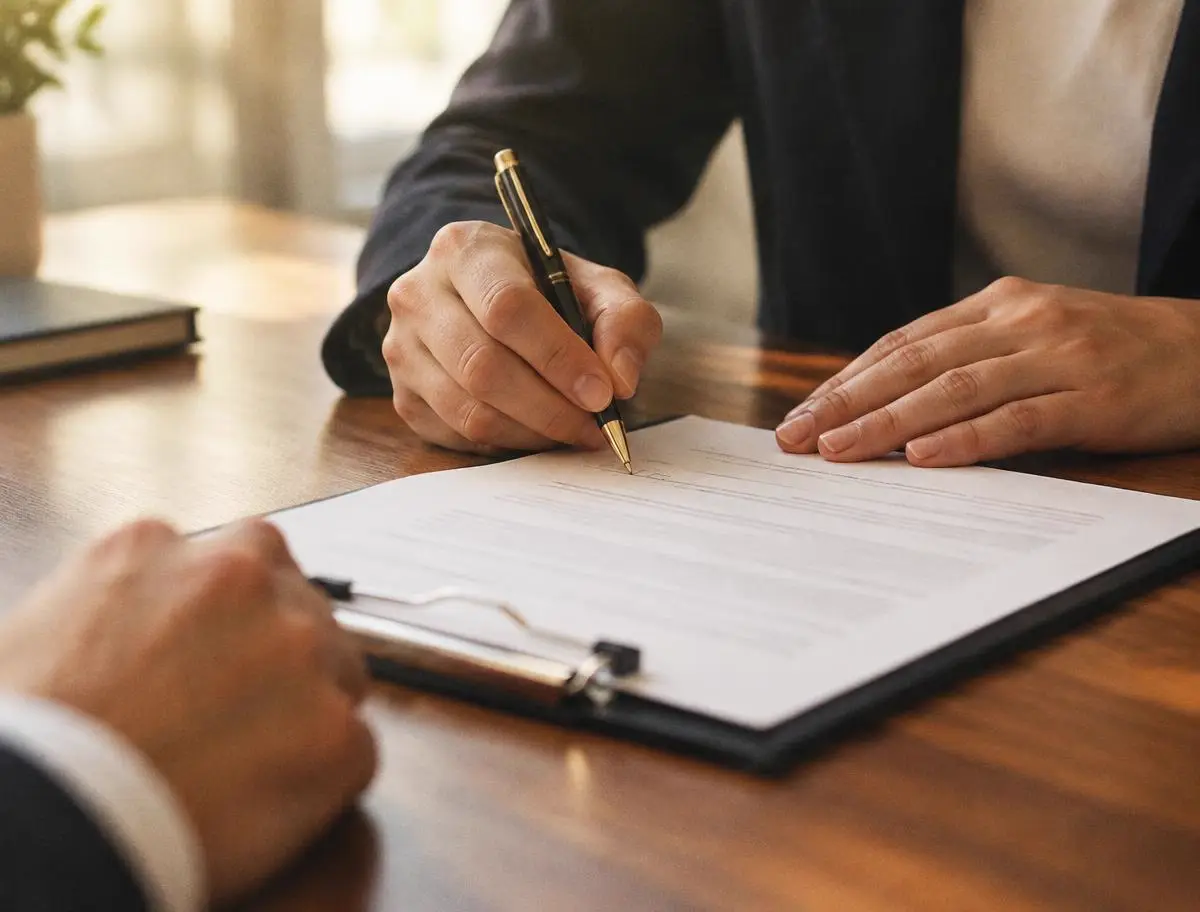 Hands signing a document on a clipboard at a wooden desk